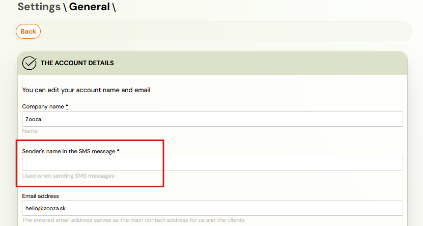 SMS sender name setting in general settings SMS sender name setting