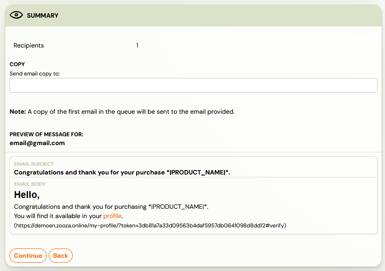 Summary screen before sending Summary screen