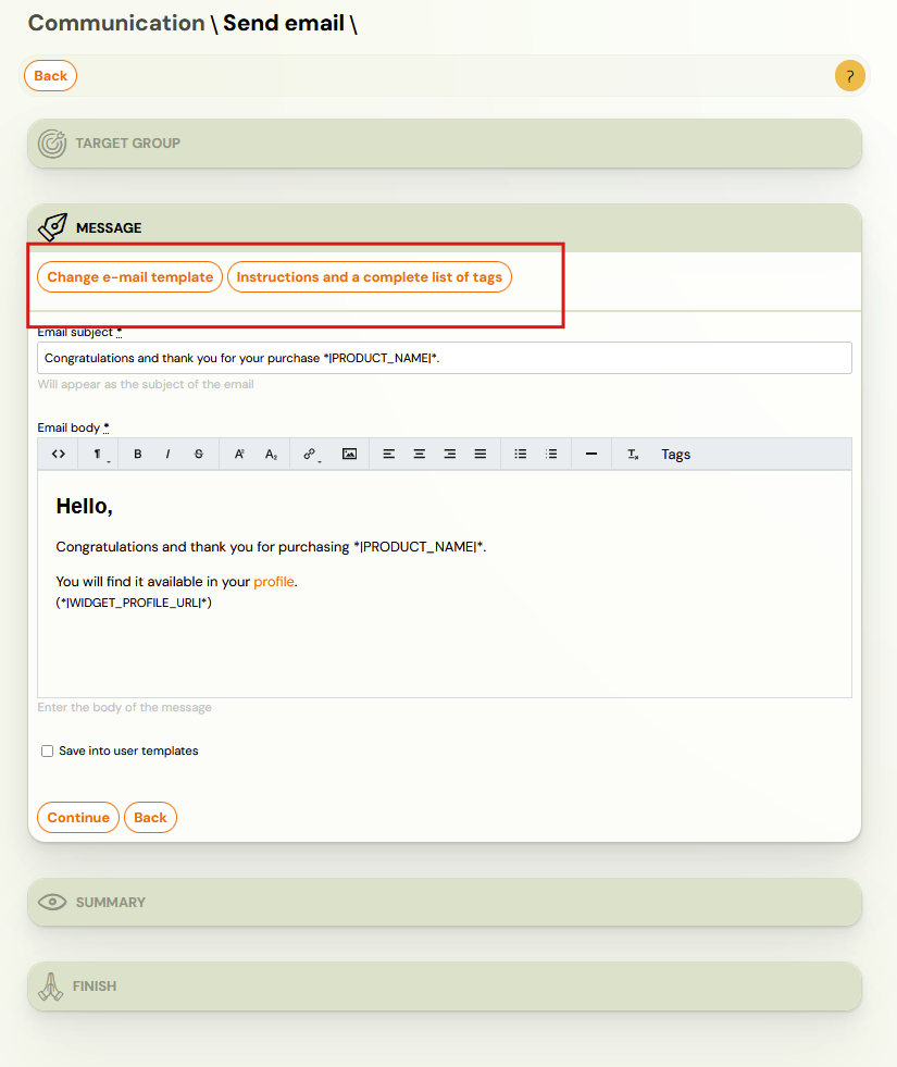 Template or custom message selection Template or custom message selection