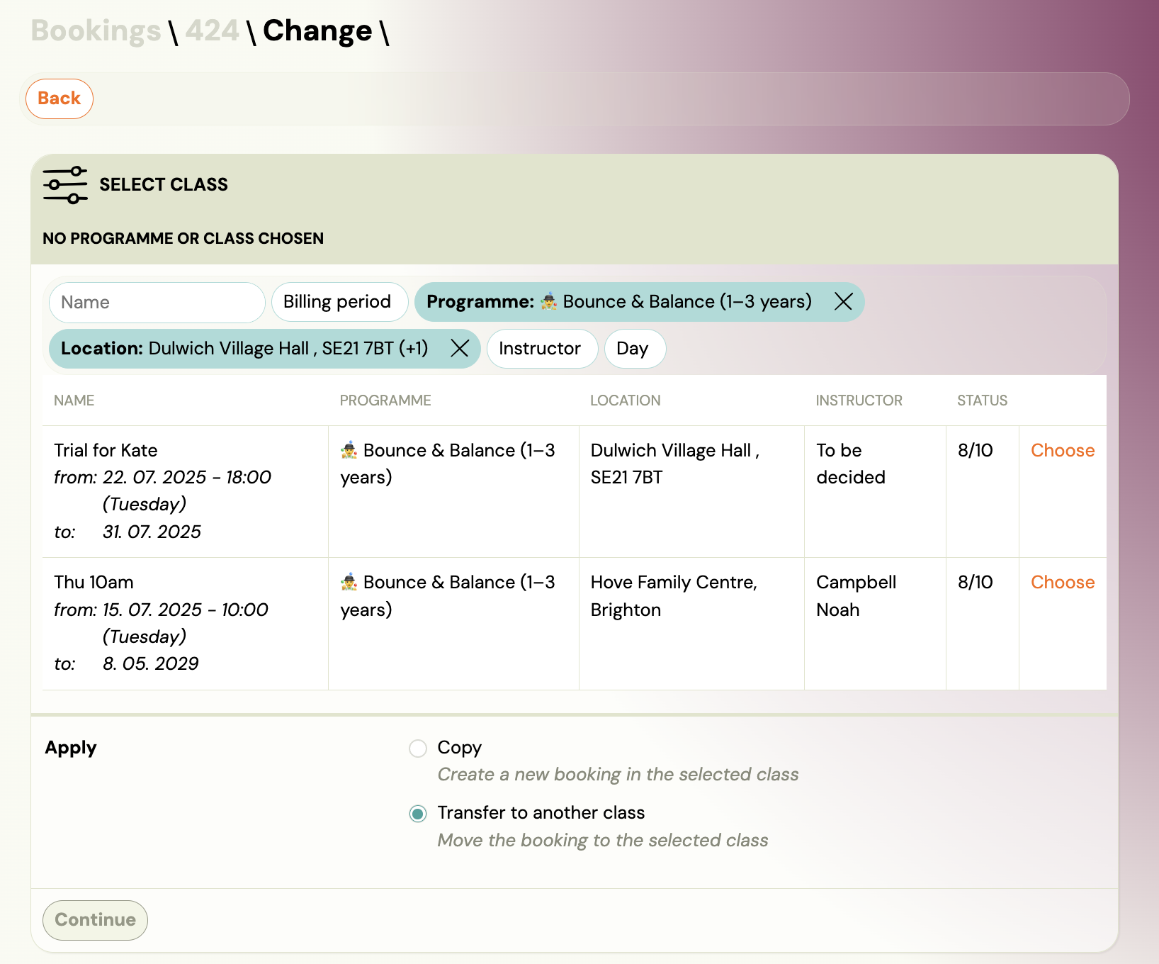 Screenshot — transfer and copy bookings