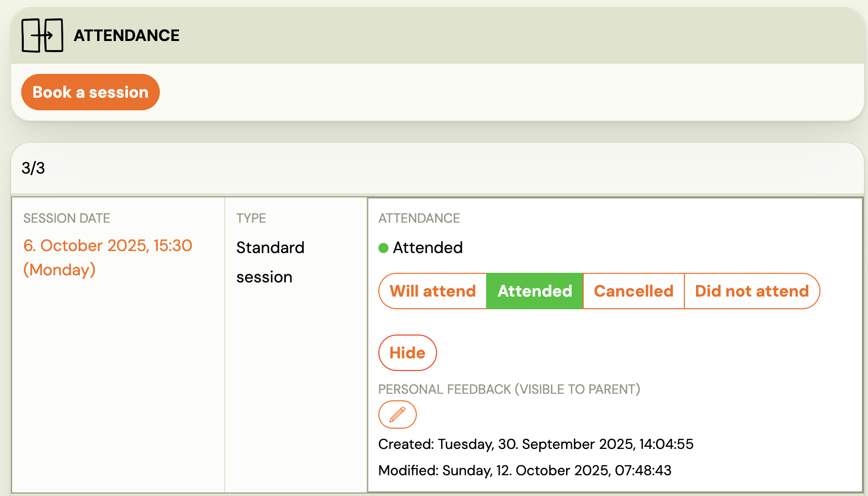 Rescheduling a trial session in the Attendance section